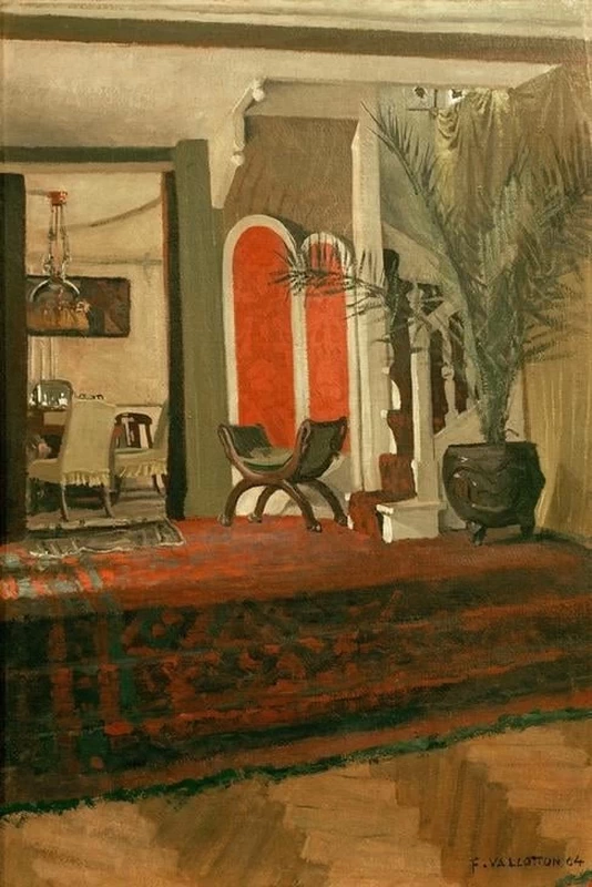 Interno, soggiorno con scale e sala da pranzo